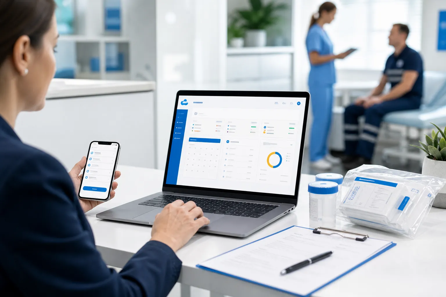 Occupational health portal dashboard connected to mobile field app, document library, and workplace safety asset downloads