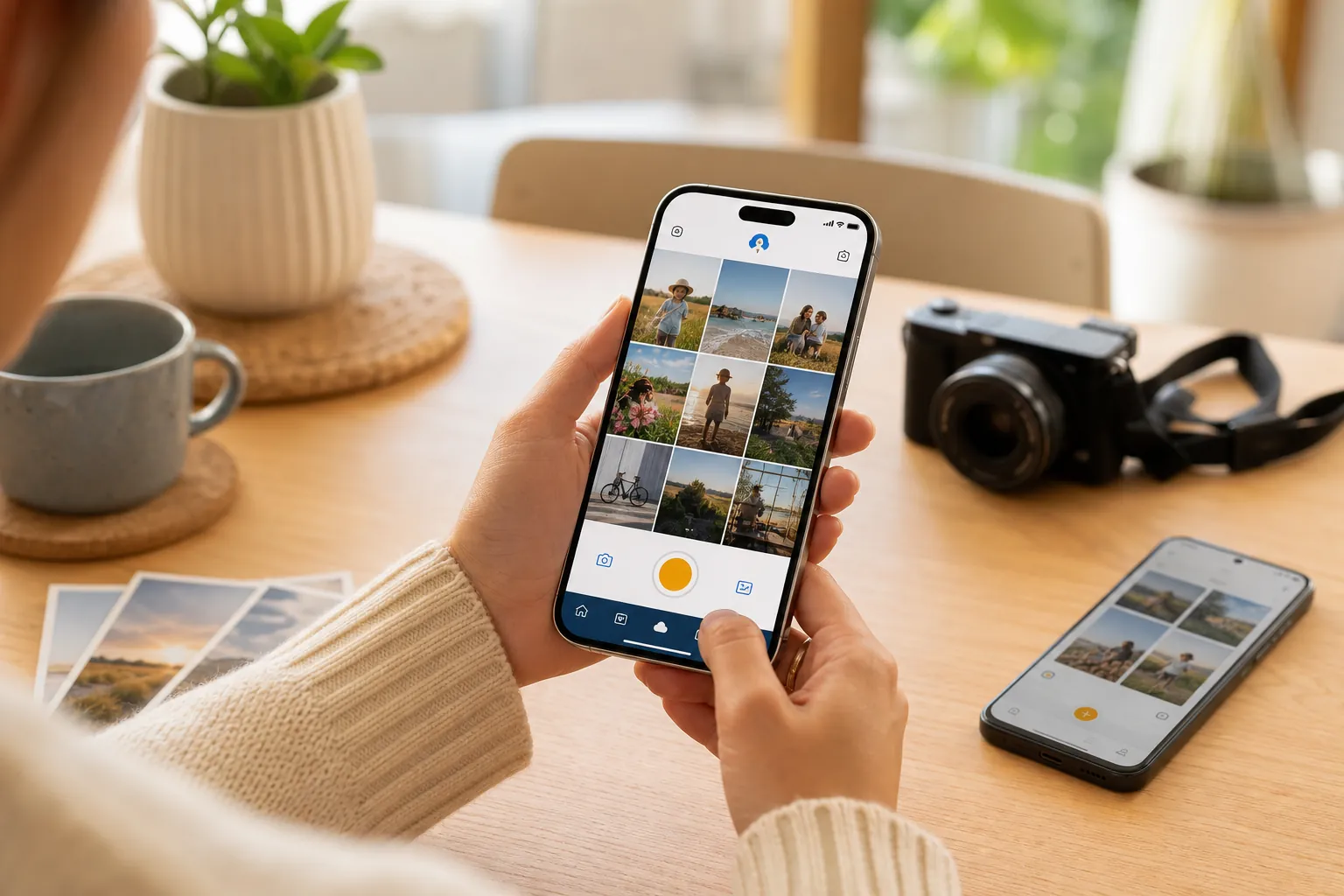 Parent using a photography mobile app on a smartphone with printed photos and a camera nearby